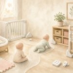 【実体験】赤ちゃんが生まれてから歩くまでの1年半を徹底解説|発達の目安と買って良かった安全対策グッズ 一人座りからはいはいへ移行していく成長を表すイラスト