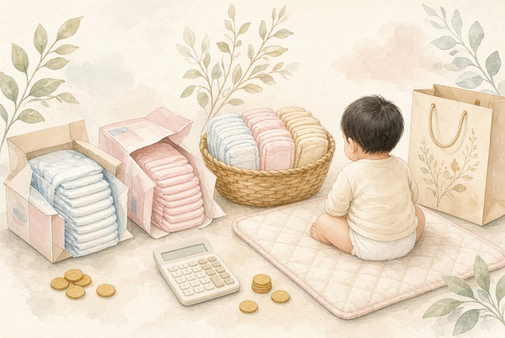 たくさん種類のあるオムツの前にお座りしてる赤ちゃんのイラスト