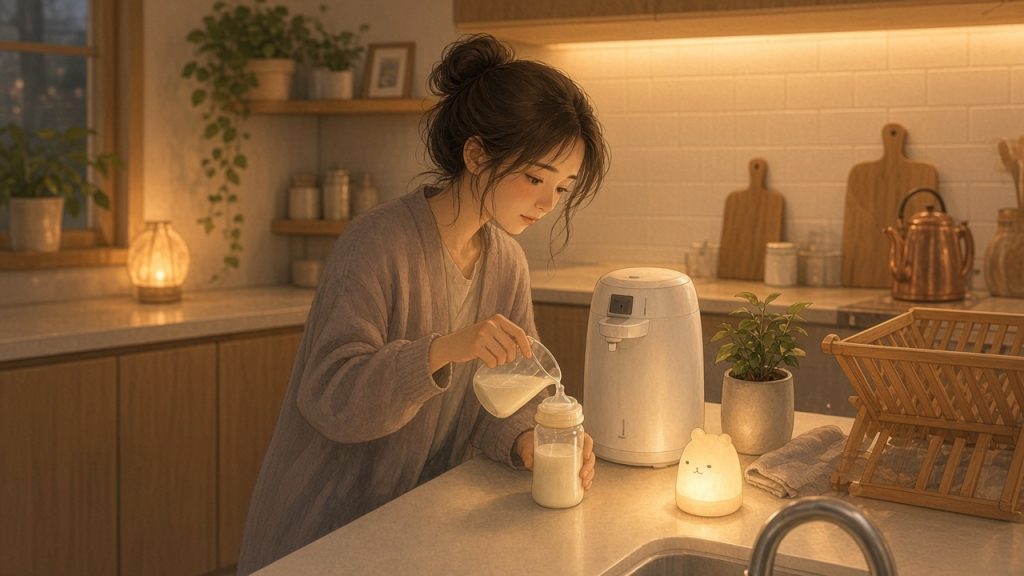 夜に眠い中、赤ちゃんのためにミルクを用意している様子