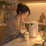夜間のミルク作りを楽にする方法|保温ポットとミルクウォーマーを比較【実体験】 夜に眠い中、赤ちゃんのためにミルクを用意している様子