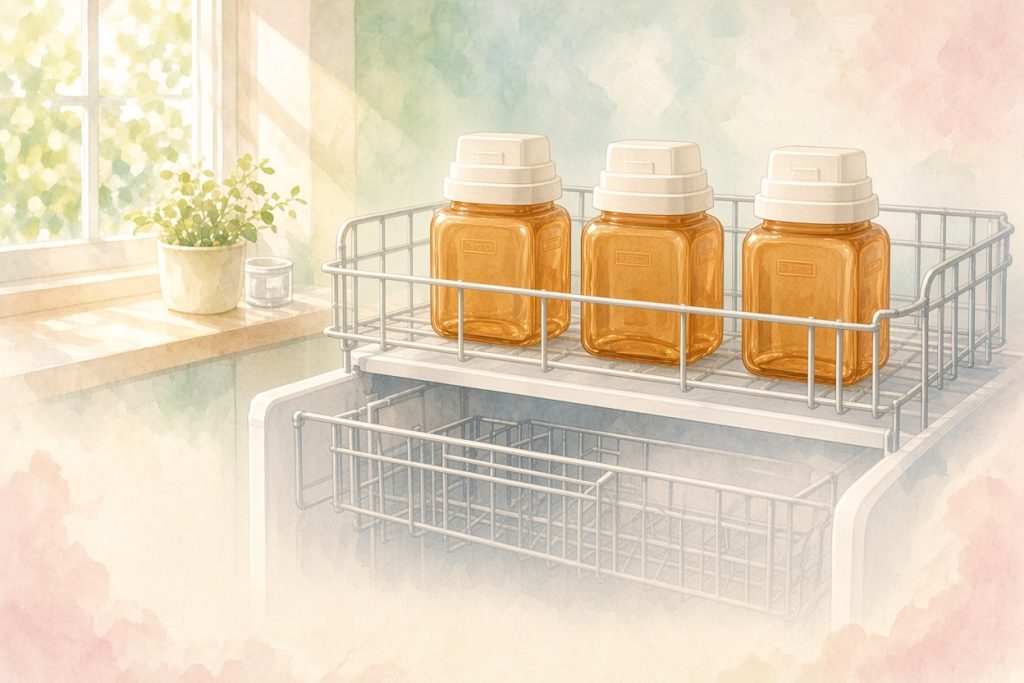 食器洗い機のカゴにのった四角型の哺乳瓶