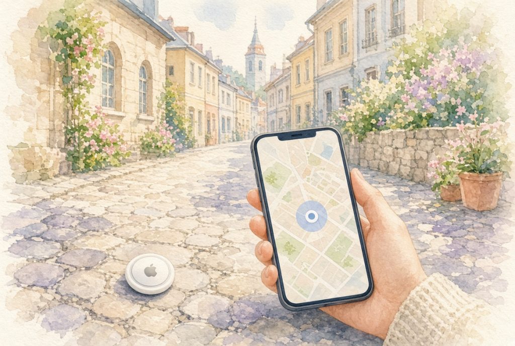 外国でairtagの位置をスマホで確認しているイラスト