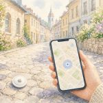 AirTagを海外で紛失した体験談|本当に見つかるのか? 外国でairtagの位置をスマホで確認しているイラスト