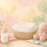 赤ちゃんが泣き止まない時の対処法|原因別5つの確認順序【実体験】 体温計、おむつ、ミルクなどのイラスト