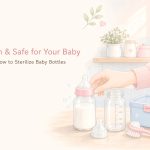 哺乳瓶ってどうやって消毒したらいい?|我が家の実体験と洗い方のコツ 哺乳瓶と哺乳瓶消毒グッズ、洗浄ブラシのイラスト