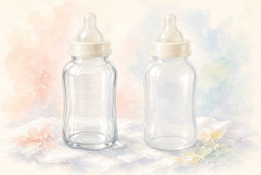 ガラス製とプラスチック製の哺乳瓶のイラスト