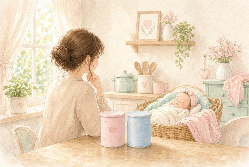 粉ミルクをどれにしようか悩んでいる様子のイラスト
